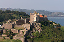 Aerial view of Elizabeth Castle, St Aubins Bay Jersey