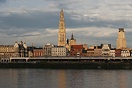 Skyline of Antwerp city along the river Schelde.