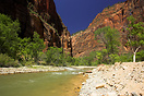 A view of the Virgin River as it continues to shape Zion Canyon as it ...