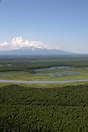 An aerial view of the landscape around Anchorage in the summer