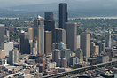 An aerial view of downtown Seattle and its skyline