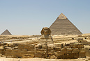 Great Sphinx of Giza with the Pyramid of Khufu (Great Pyramid) in the ...