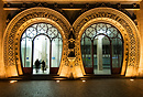 Ornate carved entrance portico to Rossio train station in Lisbon