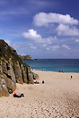 Porthcurno Beach in Cornwall on a spring day.